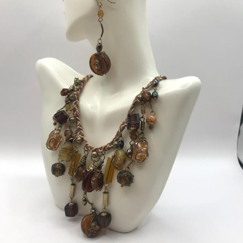 Antique Gold-Tone & Braided Glass Bead Necklace & Earrings Set - Picture 3 of 10